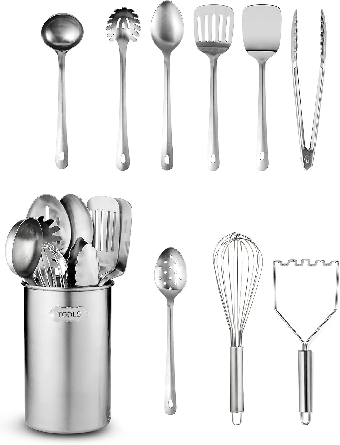 Stainless Steel Kitchen Utensils Set - 10 Piece Premium Nonstick & Heat Resistant Cooking Utensil Set with Turner, Spaghetti Server, Ladle, Serving Spoons, Whisk, Tongs, Potato Masher & Utensil Holder