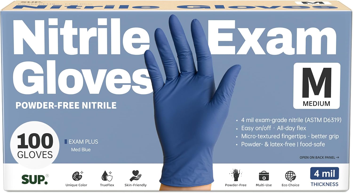 Supmedic SUP Exam Plus® Nitrile Gloves, Powder-Free Disposable Med Blue