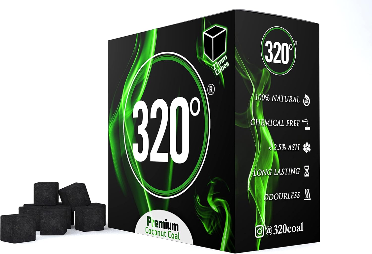320° 2 kg Premium Shisha Hookah Coconut Charcoal Coal (27mm Cubes) for BBQ - 104 Cubes - NICOTINE FREE!