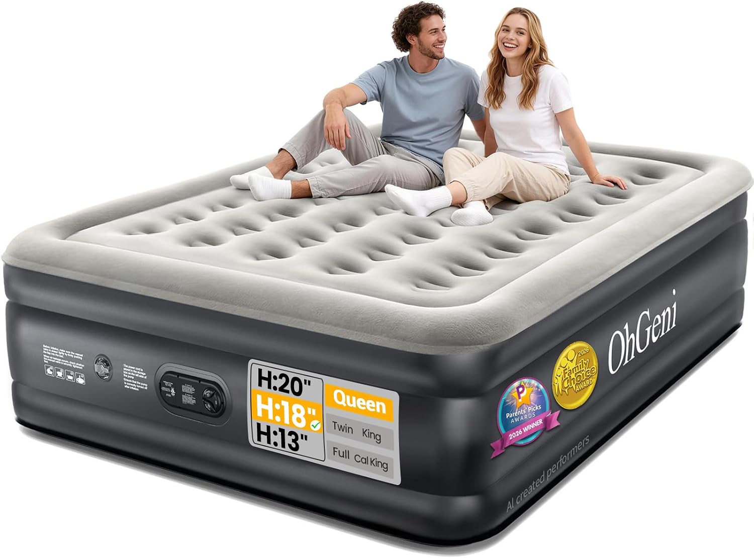 OhGeni Air Mattress Queen with Built in Pump, 18" Raised Inflatable Blow Up Mattress, Upgraded Surface Portable Bed for Home, Camping, Colchone Inflable, Ideal Sleep Solution for Guests