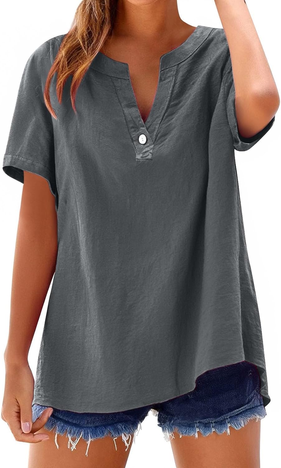 Summer Tops for Women 2025 Casual Cotton Linen Shirts Short Sleeve Solid Color Blouses Loose Work Tops with Pockets