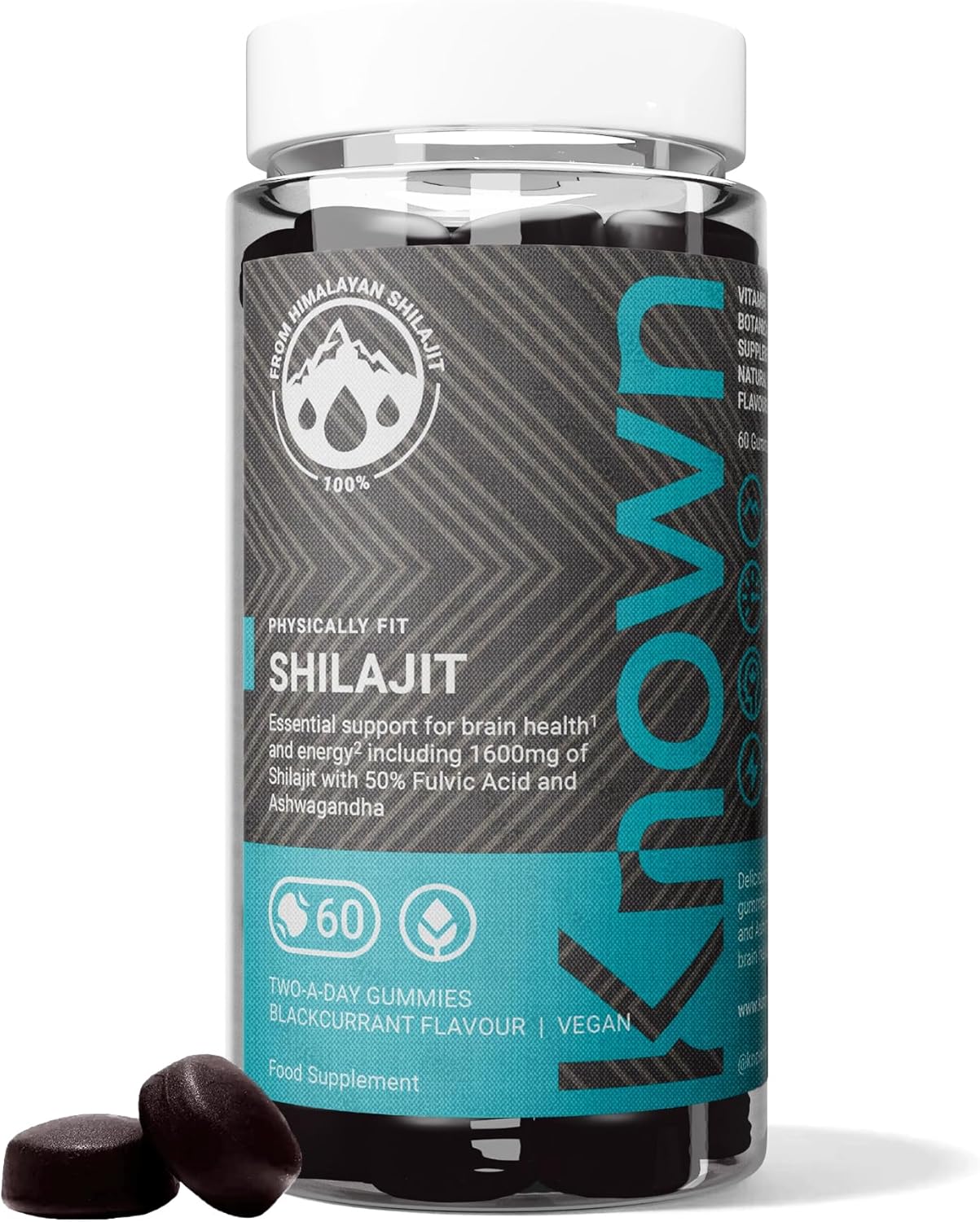 Known Tasty 1600mg Shilajit Gummies - 50% Fulvic Acid, B12 - Energy & Metabolism - Natural Blackcurrant Flavour - 60 Vegan Gummies, 1 Month Supply