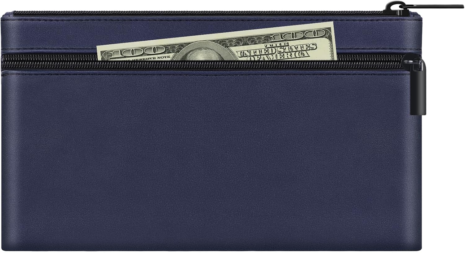 HAUTOCO Money Bags with Zipper 280mm x 155mm Money Pouches Cash Envelopes Bag for Banking, PU Leather Dual Pockets Wallet for Cash Check Receipt Coins Cosmetics, Dark Blue