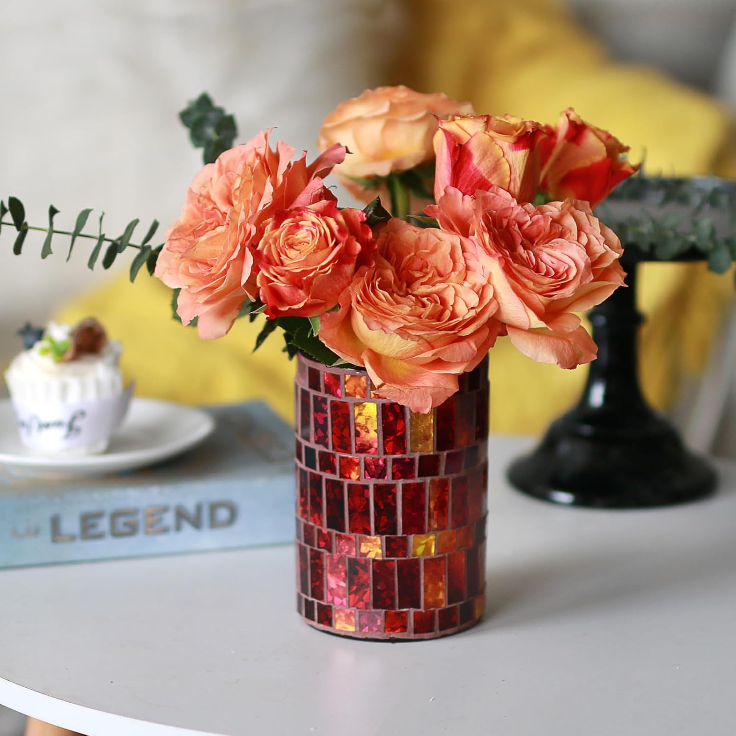 Etolies Handmade Red Mosaic Bud Glass Vase for Home Decor Centerpiece - Decorative Small Glass Flower Vase for Office, Living Room, Kitchen .Valentine's,Christmas Table Centerpiece,Party Decor 1 PC