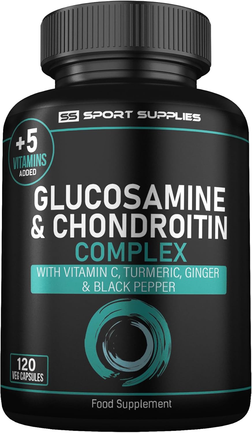 Glucosamine and Chondroitin High Strength Plus 5 Vitamins - 120 Complex Capsules 1,000mg (Providing 530mg Base) - Chondroitin 200mg - Added Turmeric, Ginger, Black Pepper, Vitamin C, B6, B1, D3 & B12