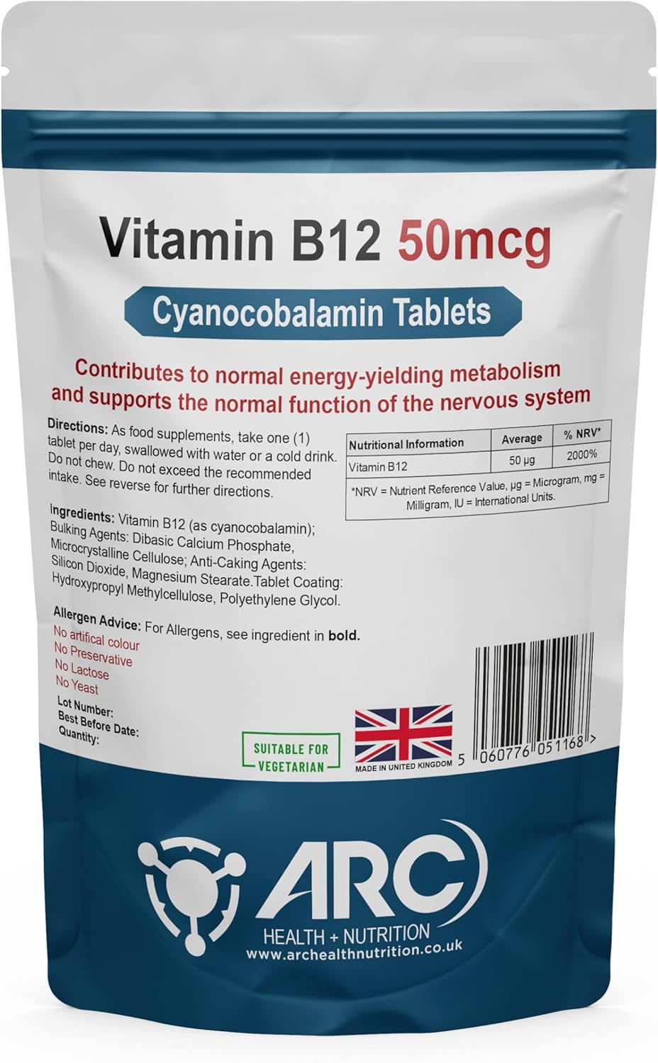 Cyanocobalamin Vitamin B12 50mcg 365 Tablets - Suitable for Vegans & Vegetarians - Combat Fatigue & Tiredness - for Men & Women - Made in UK