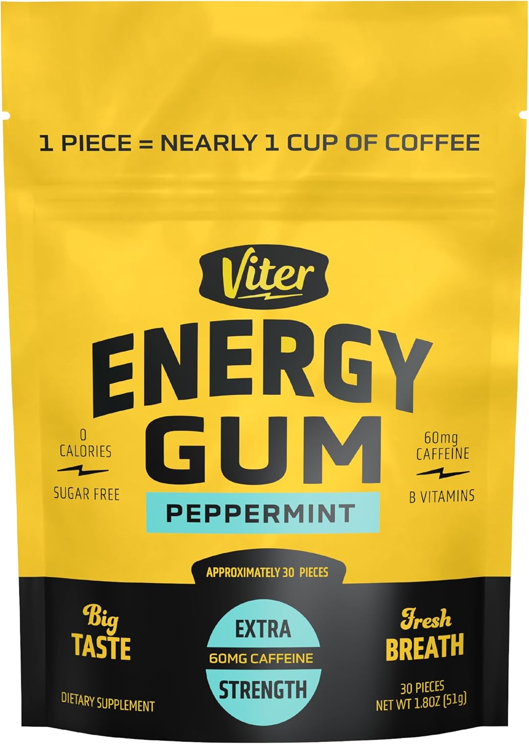 Viter Energy 60mg Caffeine Gum (Peppermint Flavor, 30 Pieces) - Sugar Free, Vitamin B3, B6, B9, B12, Zero Calories, Caffeinated Energy Chews, Nootropic Focus Supplement for Men & Women