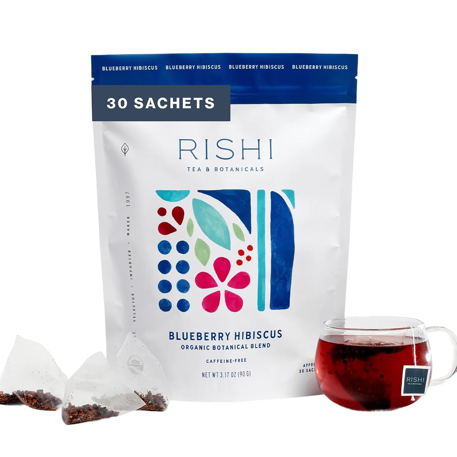 Rishi Tea Blueberry Hibiscus Organic Herbal Tea Bags, Caffeine Free, 30ct