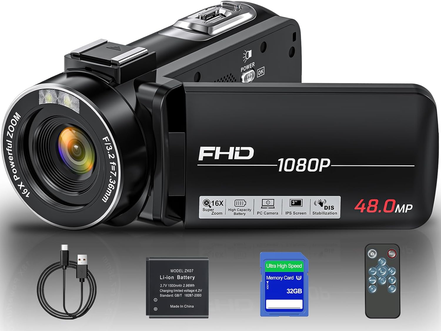 Video Camera Camcorder, Full HD 1080P Camcorder 48MP 16X Digital Video Camera for YouTube, 3.0 Inch IPS Screen Vlogging Camera Recorder with Remote Control, 32GB Card and Battery