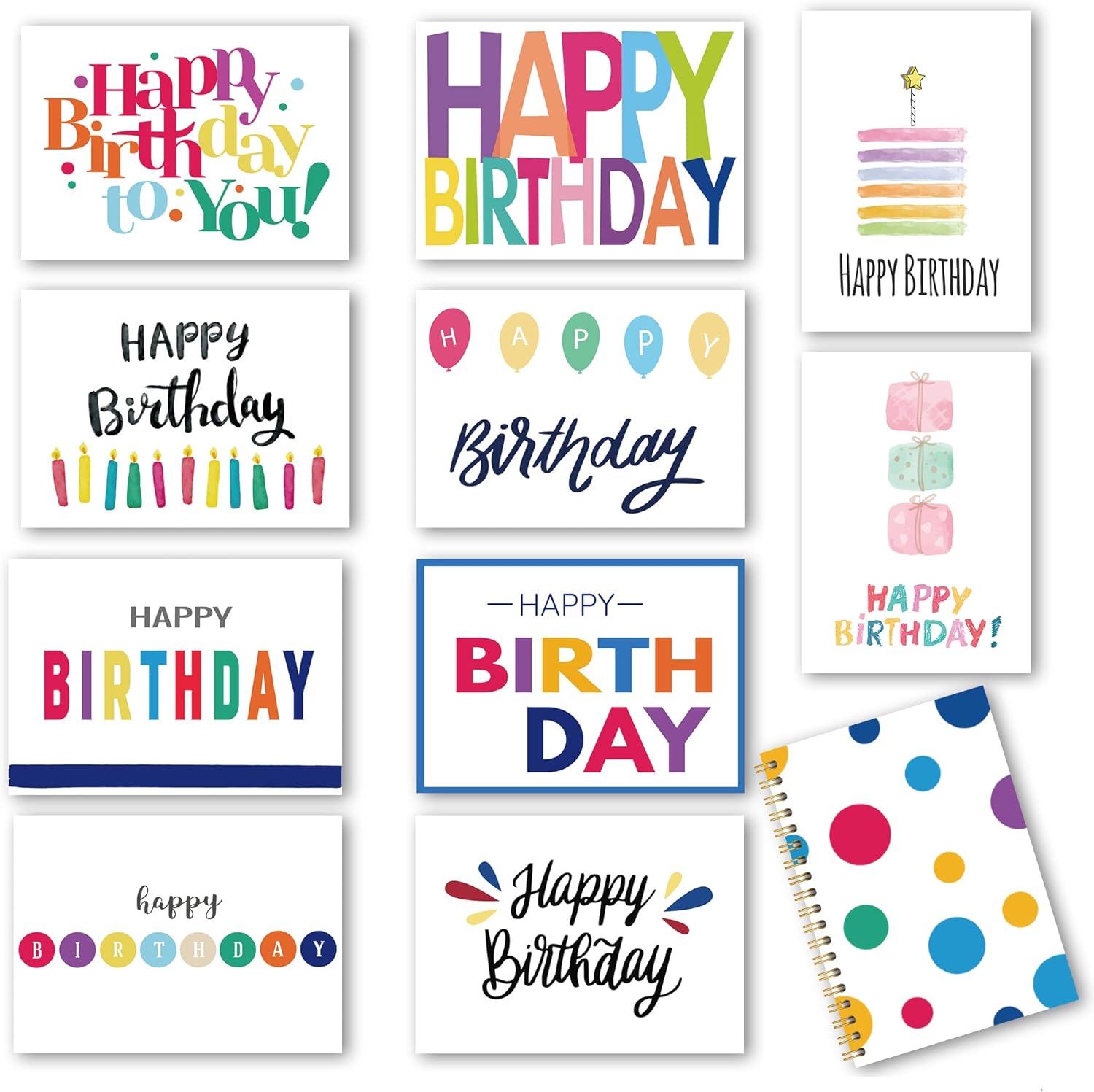 100 Birthday Cards, Happy Birthday Cards Bulk with Short Message Inside, 5x7 Inch Thick Card Stock Assorted Birthday Cards with Envelopes,10 Unique Designs for Men and Women.