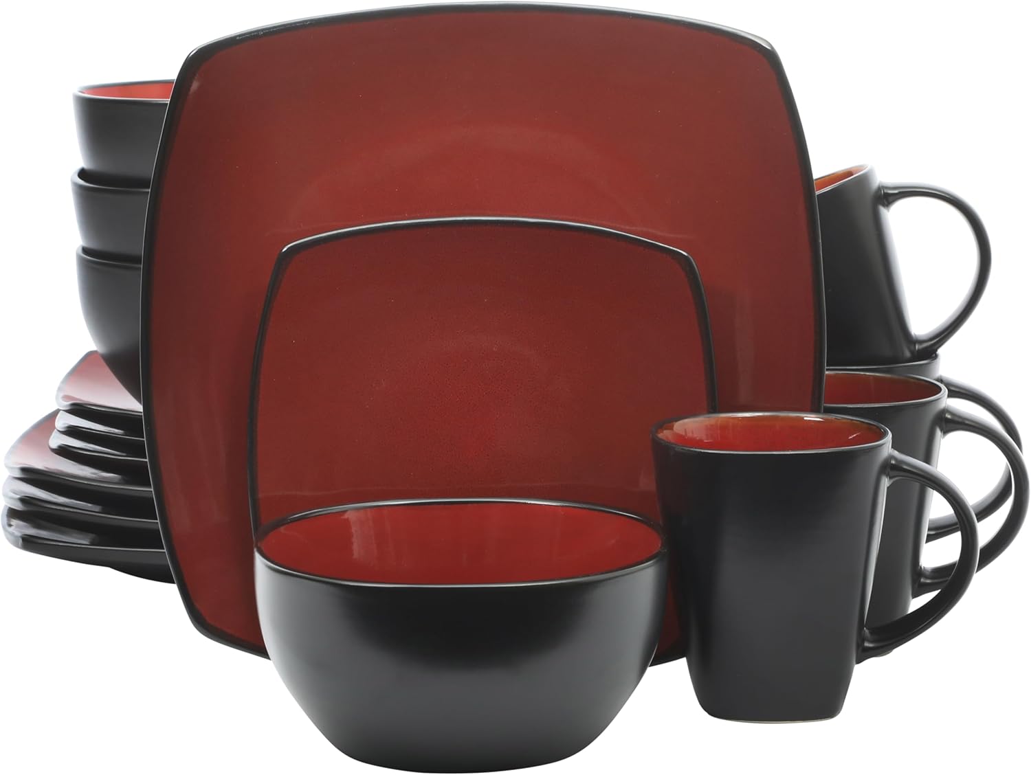 Gibson Soho Lounge Square Reactive Glaze Dinnerware Set, Red, Service for 4 (16pcs)