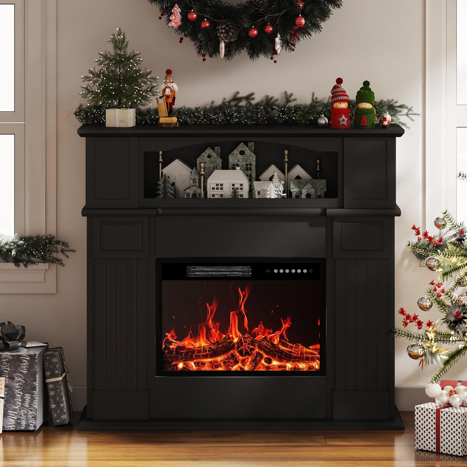BOSSIN 43" Electric Fireplace with Mantel, 23 inch Electric Fireplace Insert, Freestanding TV Stand with Fireplace Heater,Wooden Surround Firebox Faux Log & Led Flames, Remote Control,750W/1500W Black