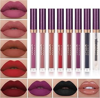 QiBest 7Pcs Matte Liquid Lipstick wiith 1Pc Lip Plumper Makeup Set, Dark Black Purple Lipstick Goth Halloween Lip Set Waterproof Lip Gloss Kit Pigmented Long Lasting Lipstick Makeup for Women & Girls