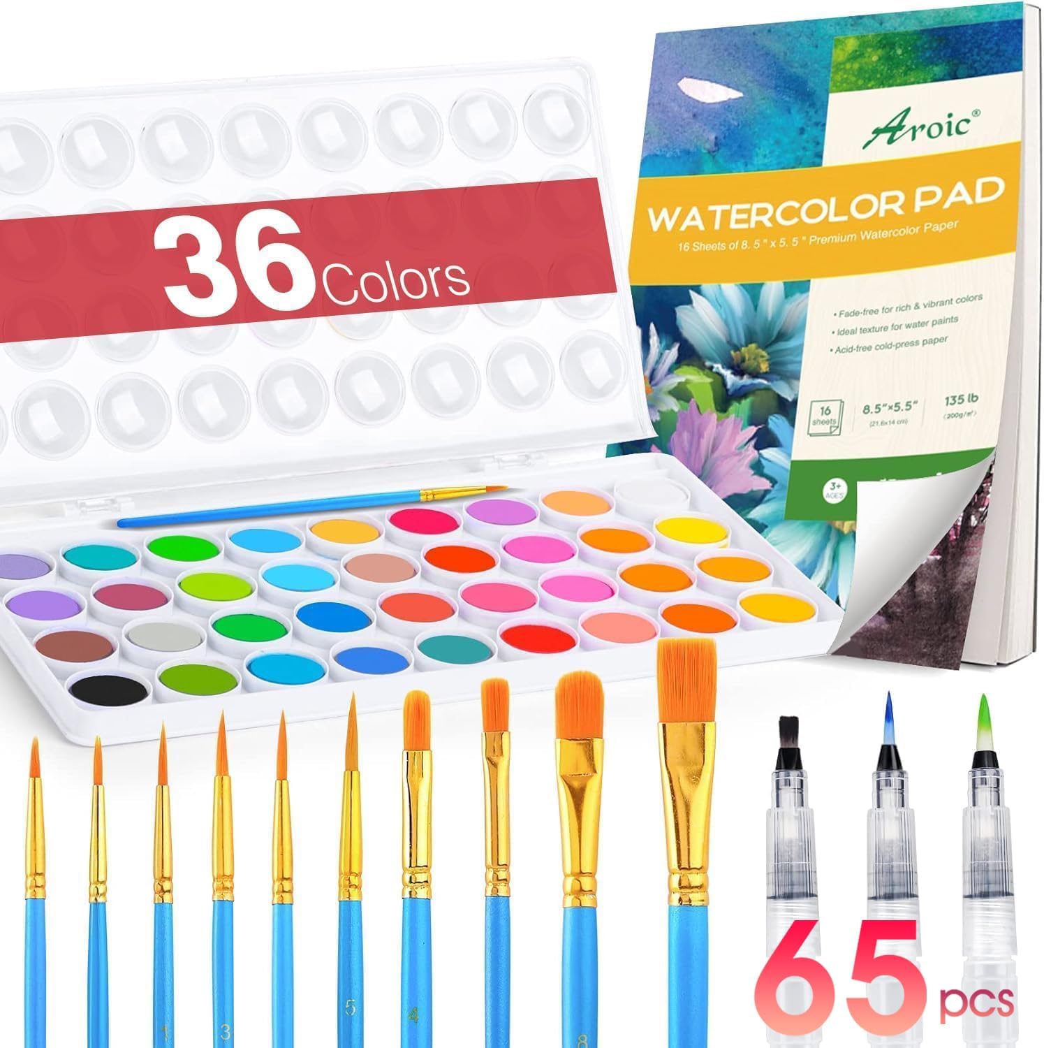 AROIC 65 Pieces Watercolor Paint Set,36 Colors Watercolor,10 Brushes,3 Refillable Water Brush Pens,16 Page Pad(8.5 * 5.5in),Profesional Watercolor Kit for Kids, Adults, Beginners