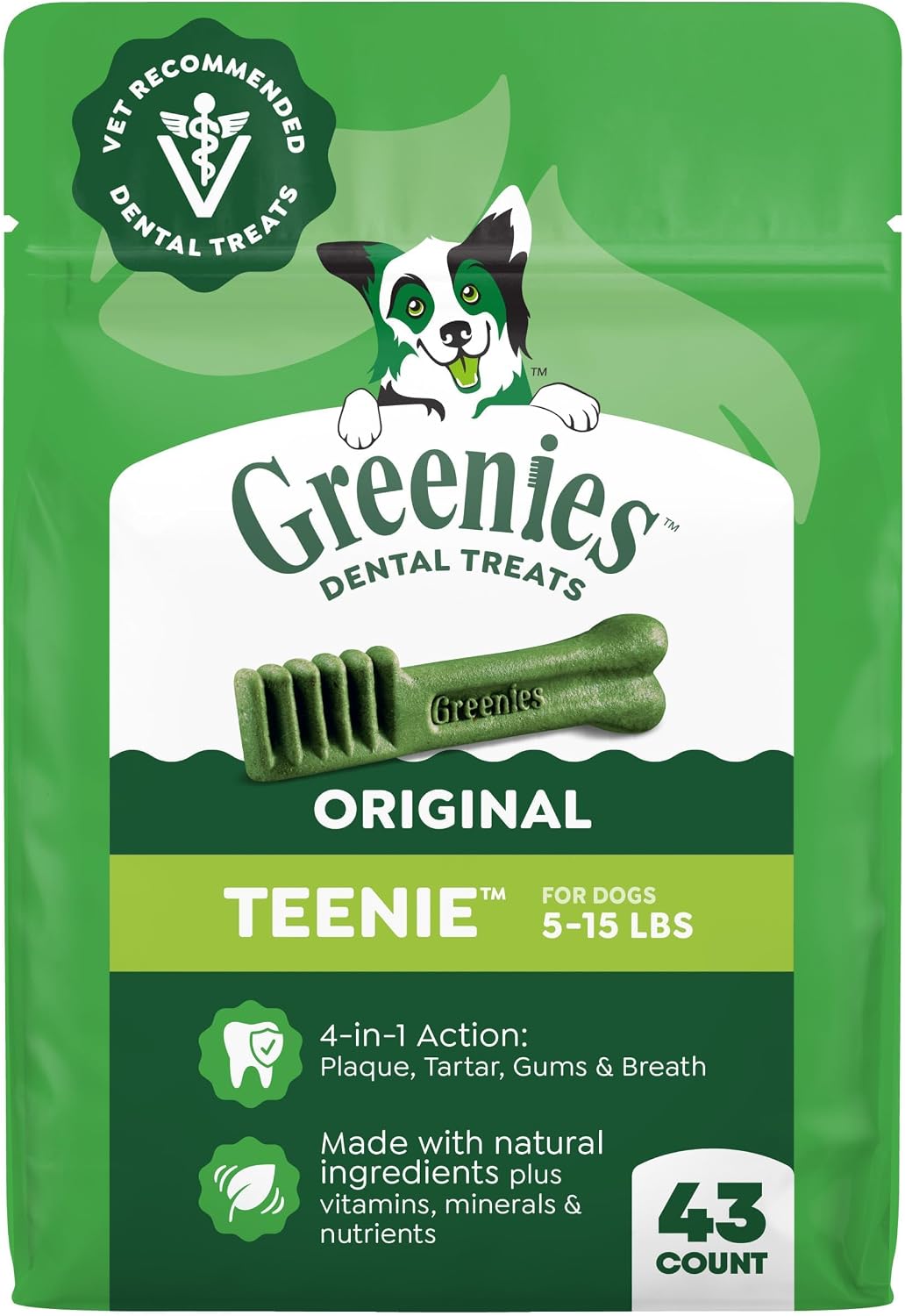 Greenies Teenie Original Natural Dental Dog Treats, Chicken, 43 Count | Vet-recommended, cleaner teeth after 28 days, cleans to gumline, for dogs 5-15 lbs, original chicken flavor