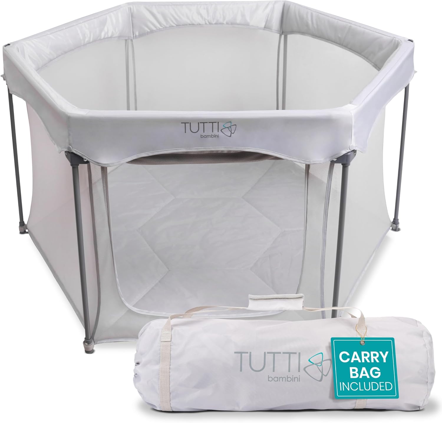 Tutti Bambini Baby Playpen - Foldable Playpen for Baby and Toddlers with Breathable Mesh Walls, Padded Frame, Zip Door & Fitted Playpen Mat, Baby Play Pen with Travel Bag (135 x 135 x 75 cm), Silver