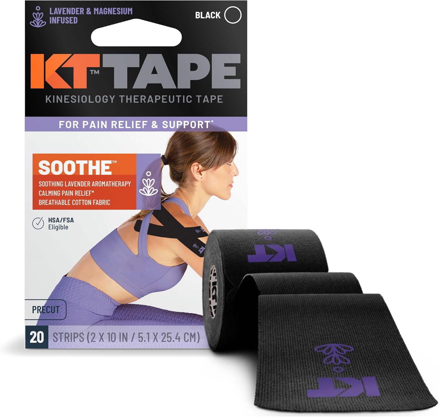 KT Tape, Soothe Tape, Lavender & Magnesium Infused Kinesiology Tape, 20 Count, 10" Precut Strips
