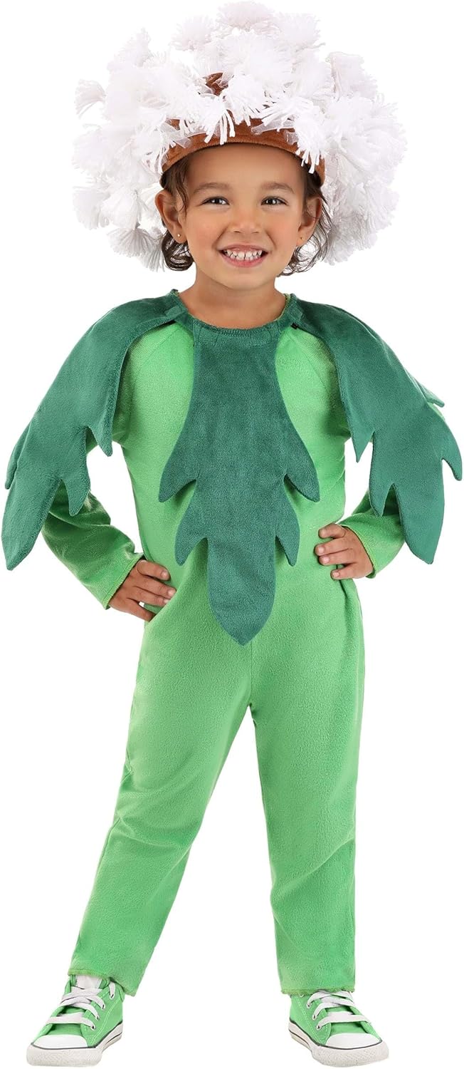 Toddler?s Puffball Dandelion Halloween Costume | Cute Green Flower Plant Jumpsuit with Headpiece