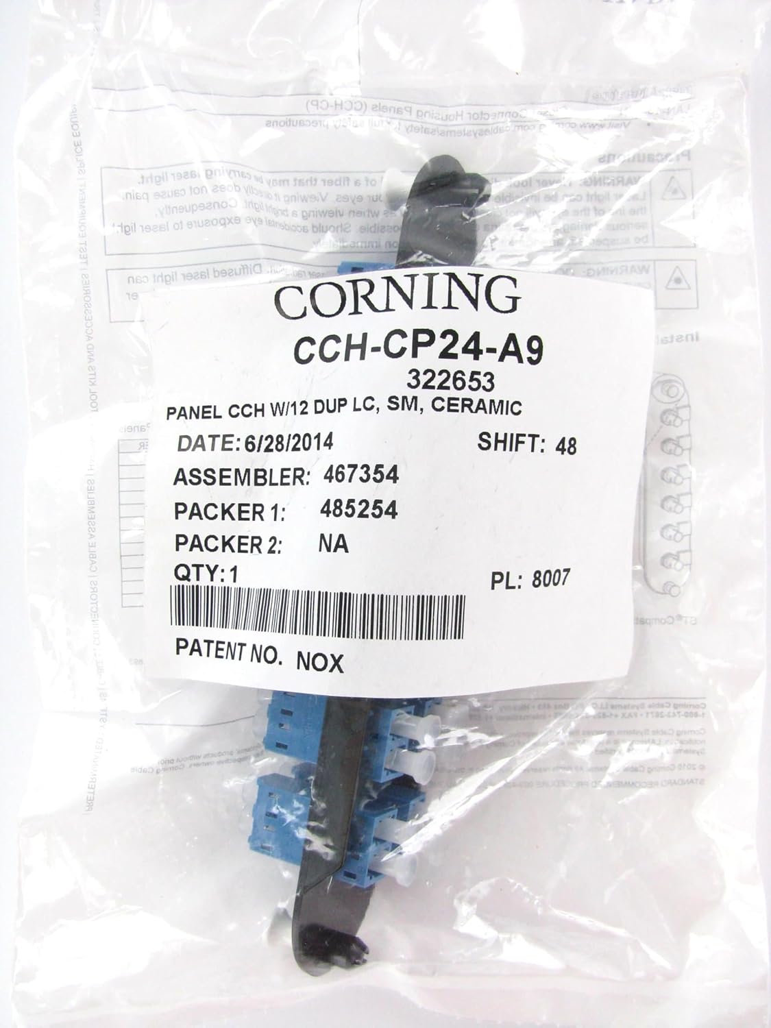 Corning CCH-CP24-A9 Fiber Adapter Panel, 12 LC Duplex OS2 SM Singlemode Adapters