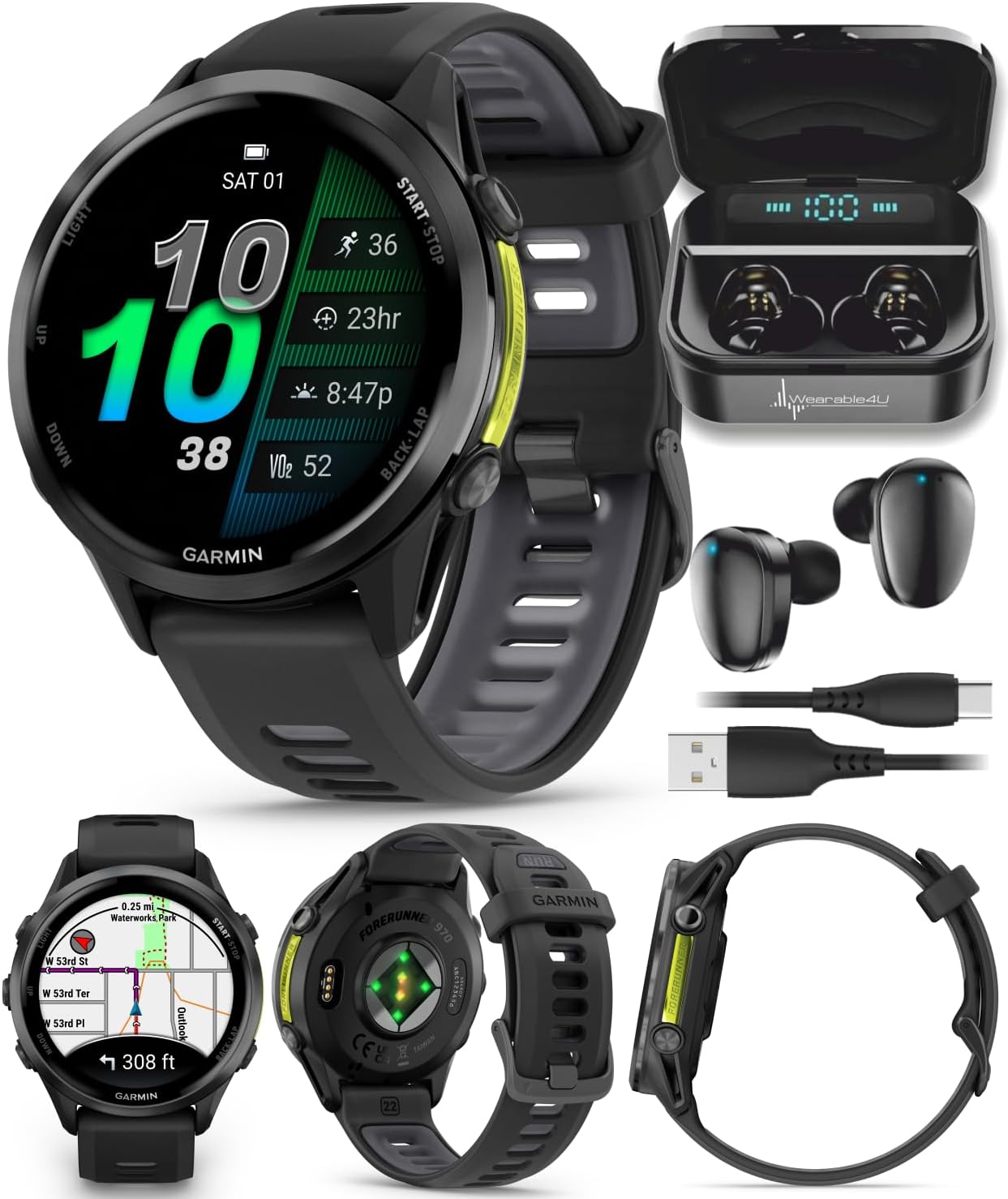 Wearable4U Garmin Forerunner 970, GPS Running Smartwatch, Tailored to Triathletes, Long-Lasting Battery, Black Black Earbuds Bundle