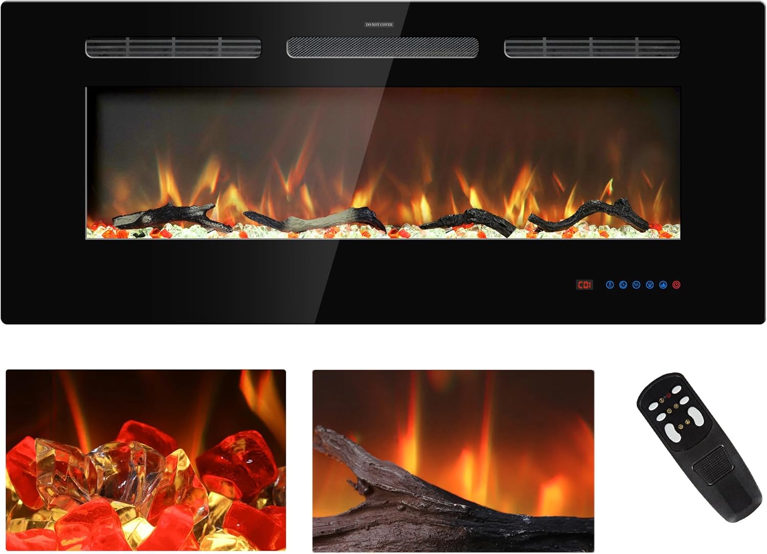42 inches Electric Fireplace Inserts, Recessed and Wall Mounted Fireplace Heater, Linear Fireplace w/Thermostat, Remote & Touch Screen, Multicolor Flame, Timer, Logs & Crystal, 750W/1500W