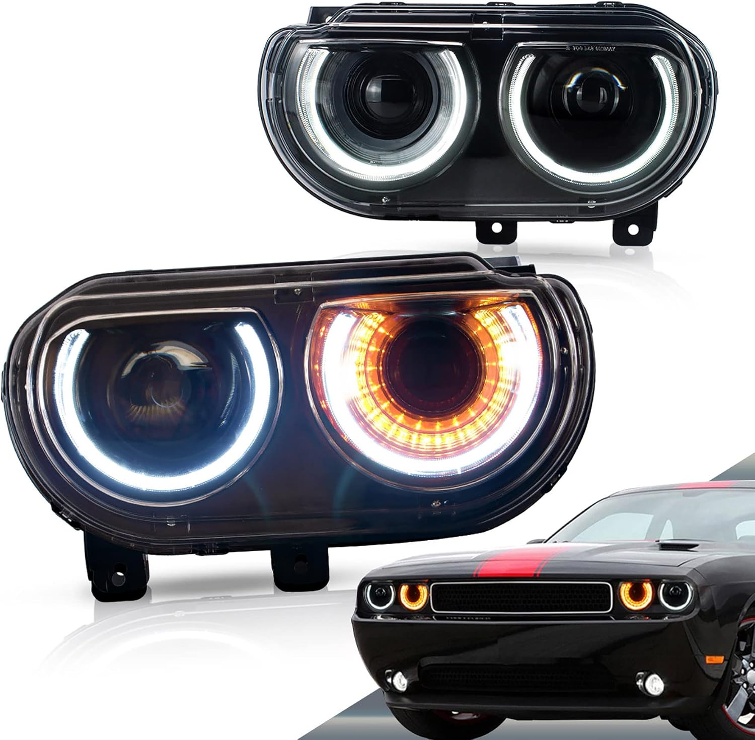 VLAND Projector Headlights Compatible with Dodge Challenger 2008-2014 w/Sequential Indicator Halo, D2S/ D2H Bulb (Not Included) for HI/LO Beam, Passenger& Driver Sides