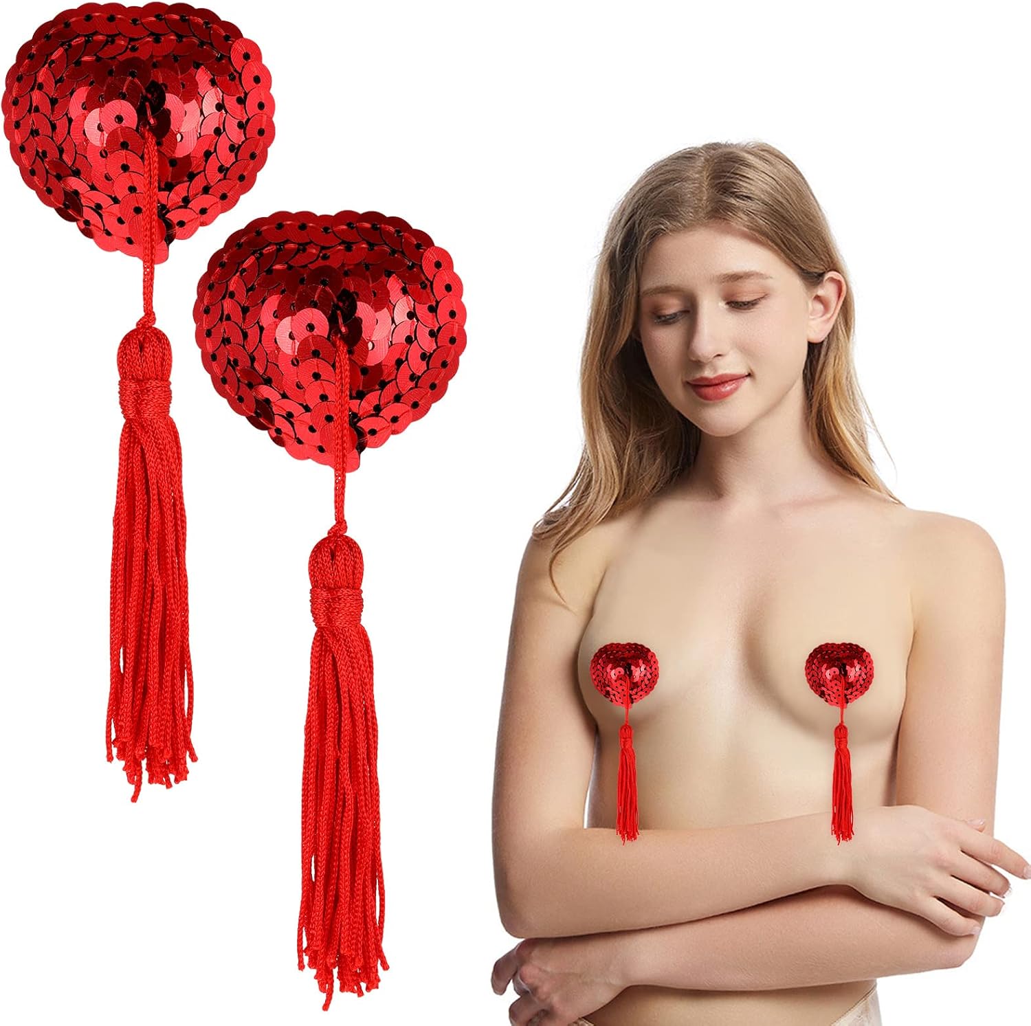 Xinjieda Reusable Adhesive Nipple Stickers Sexy Nipple Tassle Shiny Sequin Heart-Shaped Breast Pasties Bra with Tassel for Couples Role Play Costume Party Accessory