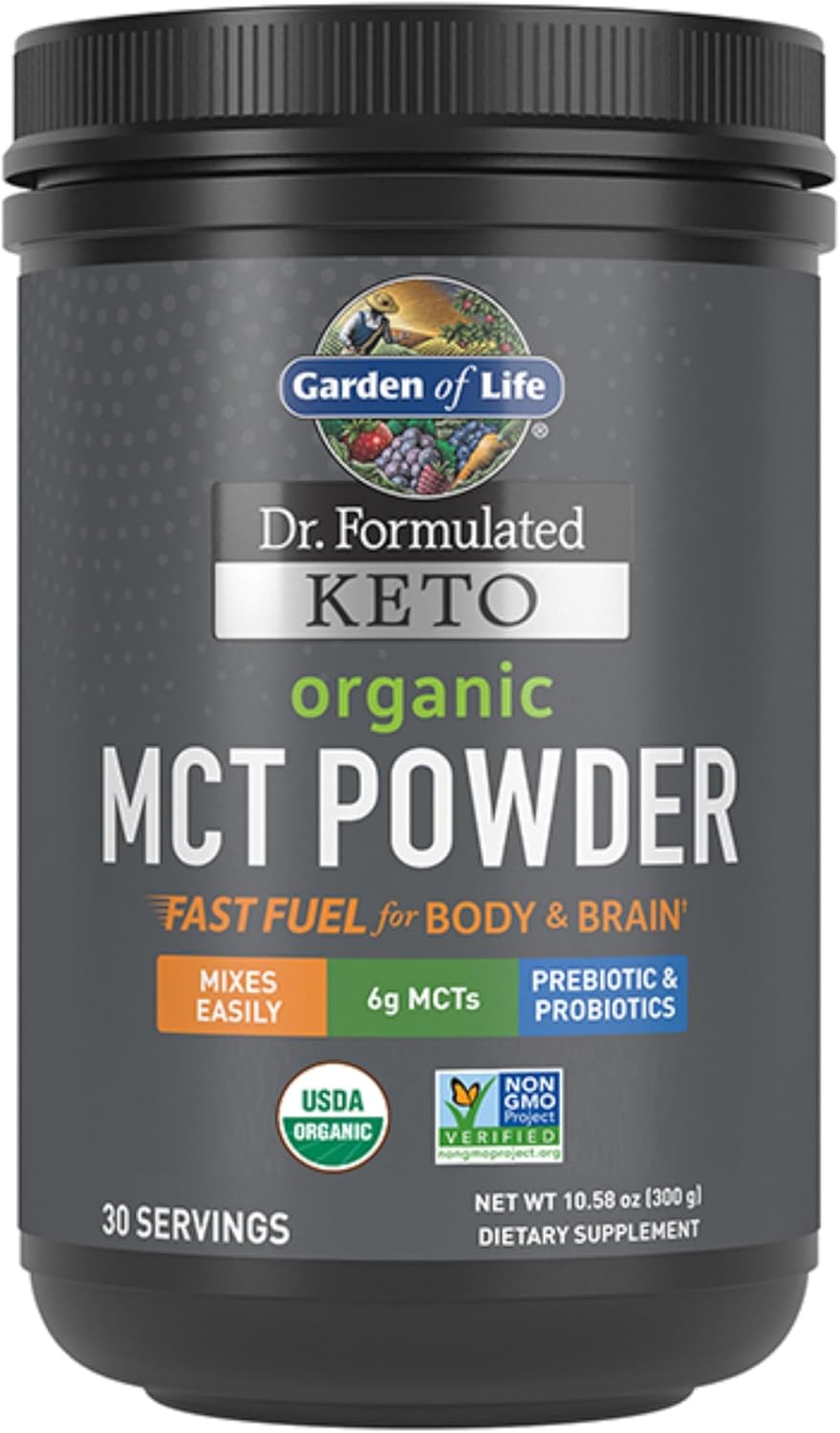 Garden of Life Dr. Formulated Keto Organic MCT Powder - 30 Servings, 6g MCTs from Coconuts Plus Prebiotic Fiber & Probiotics, Certified Organic, Non-GMO, Vegan, Gluten Free, Ketogenic