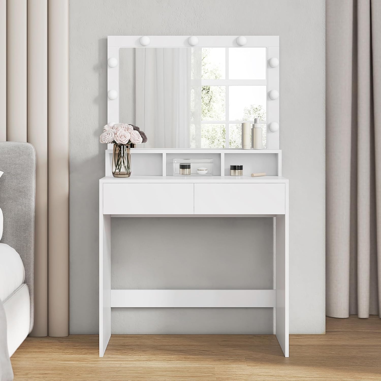 VASAGLE Dressing Vanity with Large Mirror, LED Lights, 2 Drawers, 3 Compartments, Modern Makeup Table, White