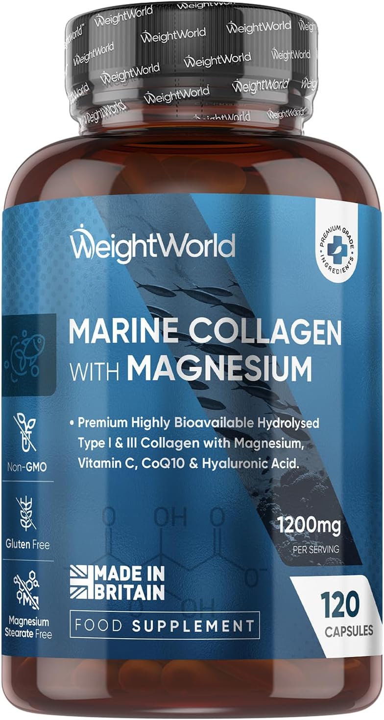 Marine Collagen with Magnesium Supplement - 1200mg - 120 Capsules - with Zinc, Vitamin C, CoQ10, Hyaluronic Acid & Bamboo - Type 1 & 3 Fish Collagen Supplements for Women & Men - Made in The UK