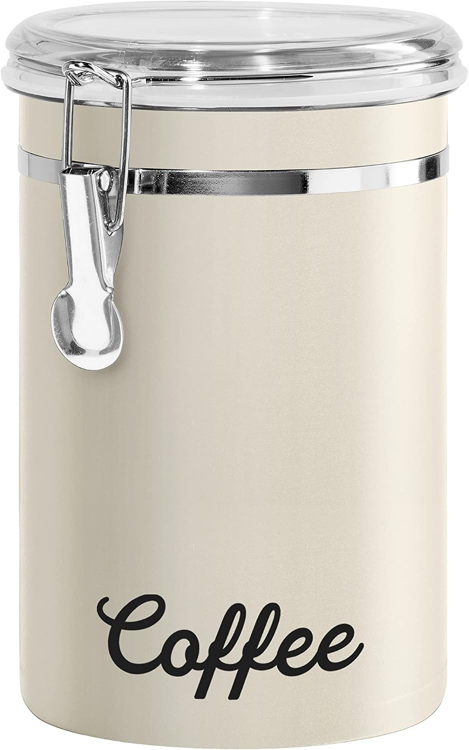 Oggi Stainless Steel Coffee Canister 62 fl oz - Airtight Clamp Lid, Warm Gray, Tinted See-Thru Top - Ideal for Coffee Bean Storage, Ground Coffee Storage, Kitchen Storage, Pantry Storage. 5 x 7.5