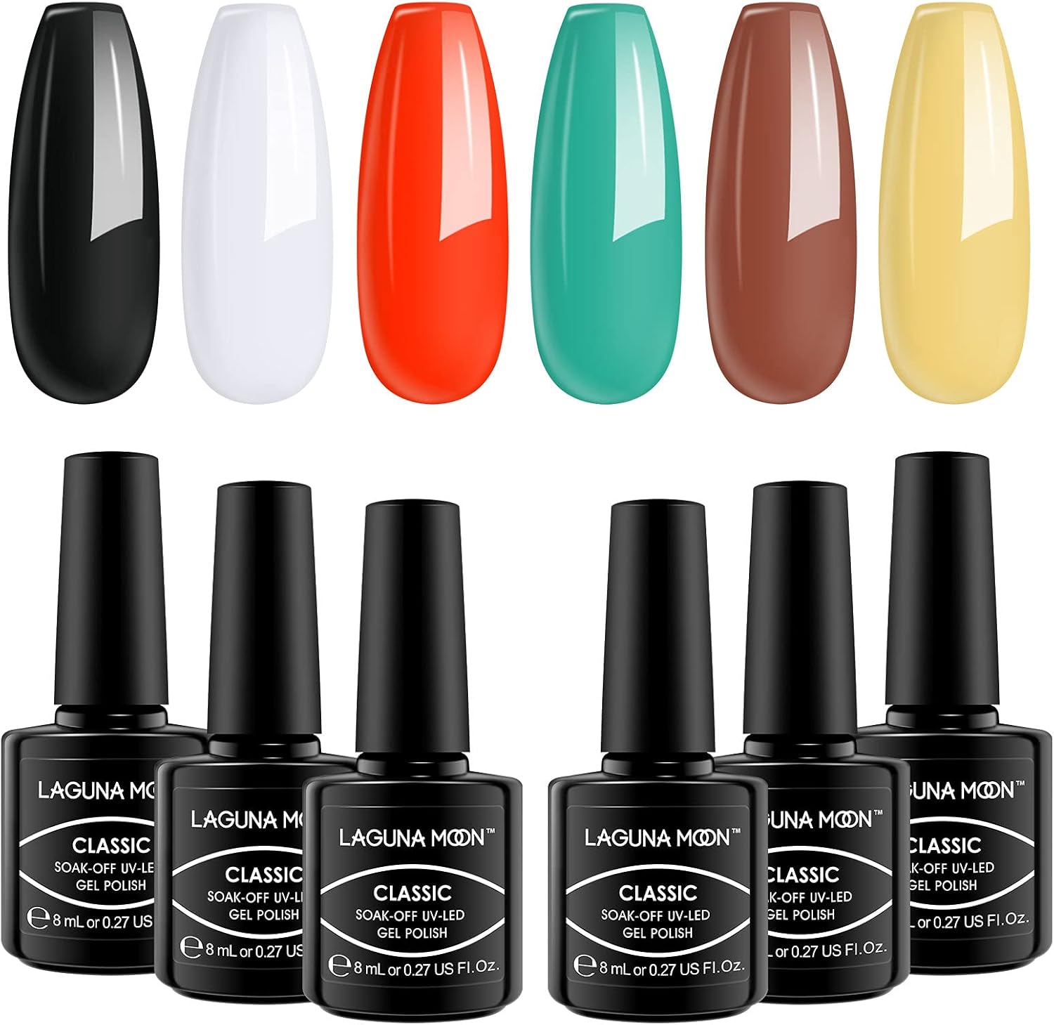 LagunaMoon Gel Nail Polish Set - 6 Colours Black White Orange Teal Yellow Brown High-Shine Kit Nail Gel Polish for Salon Quality DIY Nails - UV LED Soak Off Lacquer Kit Varnish Manicure & Pedicure