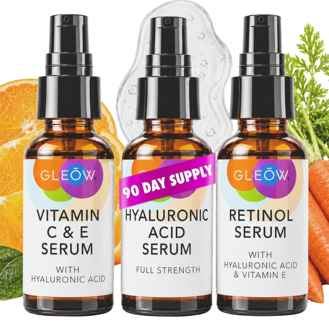 GLEOW Skincare Set: Retinol, Vitamin C, and 99% Hyaluronic Acid Serum, Face Serum Set Targets Appearance of Uneven Skin and Dryness, Total Package Serum Set 3x2 oz