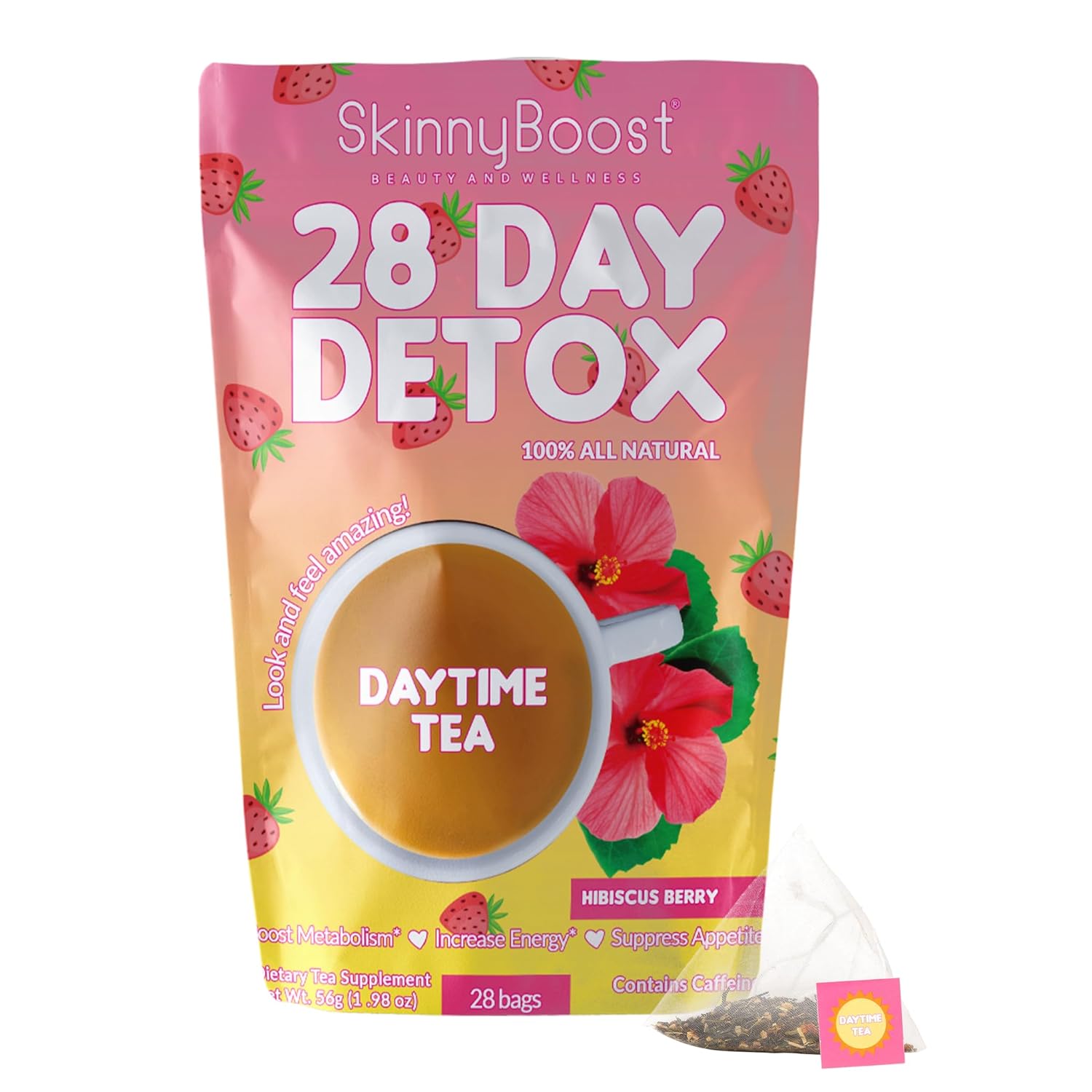 SkinnyBoost 28 Day Detox Daytime Tea -HIBISCUS BERRY (28 Tea Bags) Supports Metabolism Boost, Detox, All Natural, Non GMO, Vegan, Keto Friendly
