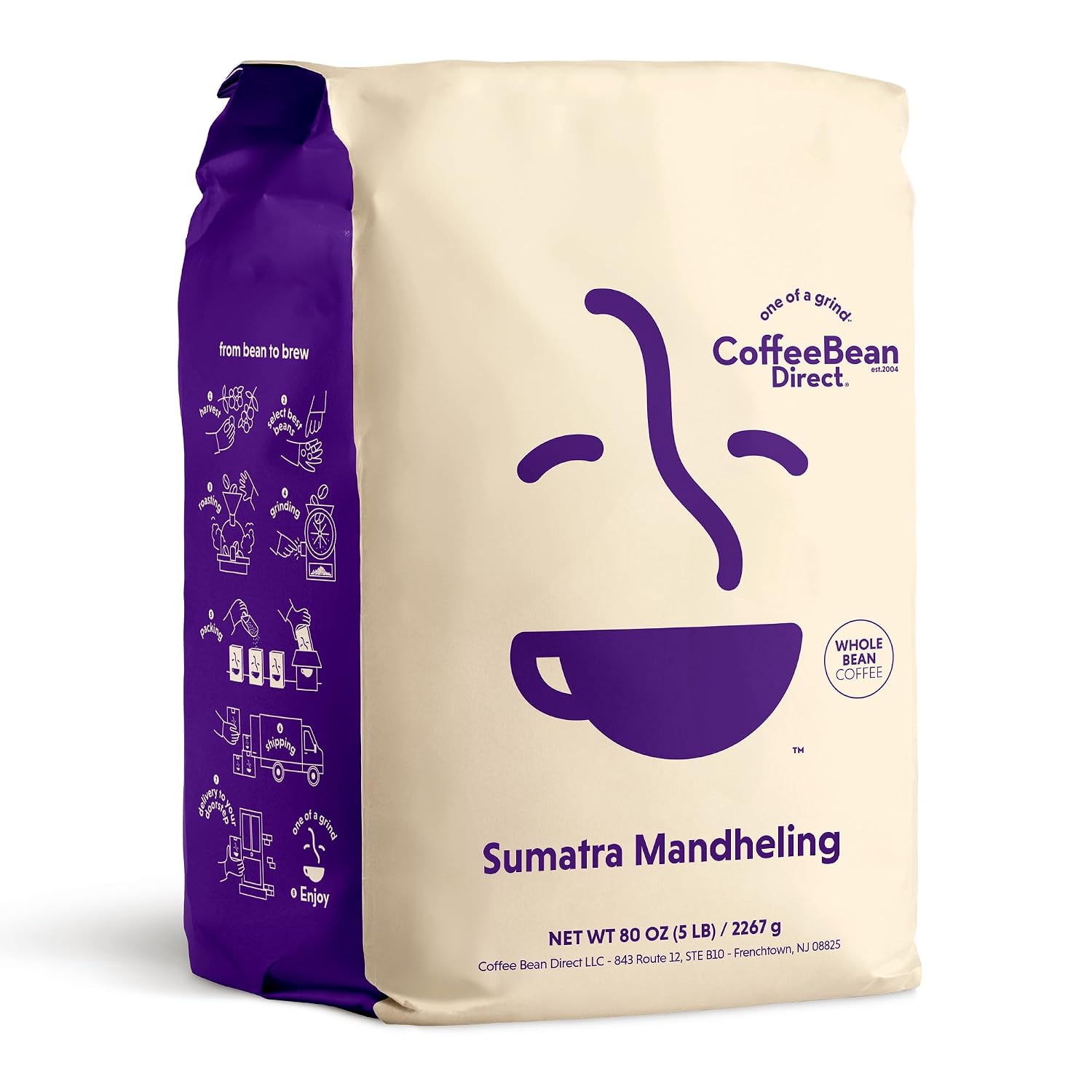 Coffee Bean Direct Sumatra Mandheling, Whole Bean, 5lb Bag | Light Roast, Single Origin Arabica Coffee Beans