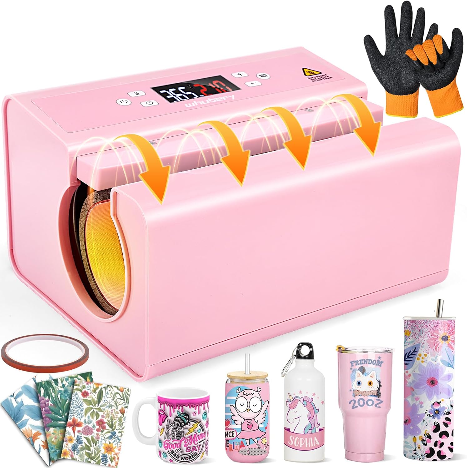 Whubefy Auto Tumbler Heat Press, 20oz 30oz 15oz Mug Press Sublimation Machine Heat Up Fast & Even,Automatic Tumbler Press Machine for 2.95-3.34inch Sublimation Tumblers Cups (Auto Cup Press-Pink)