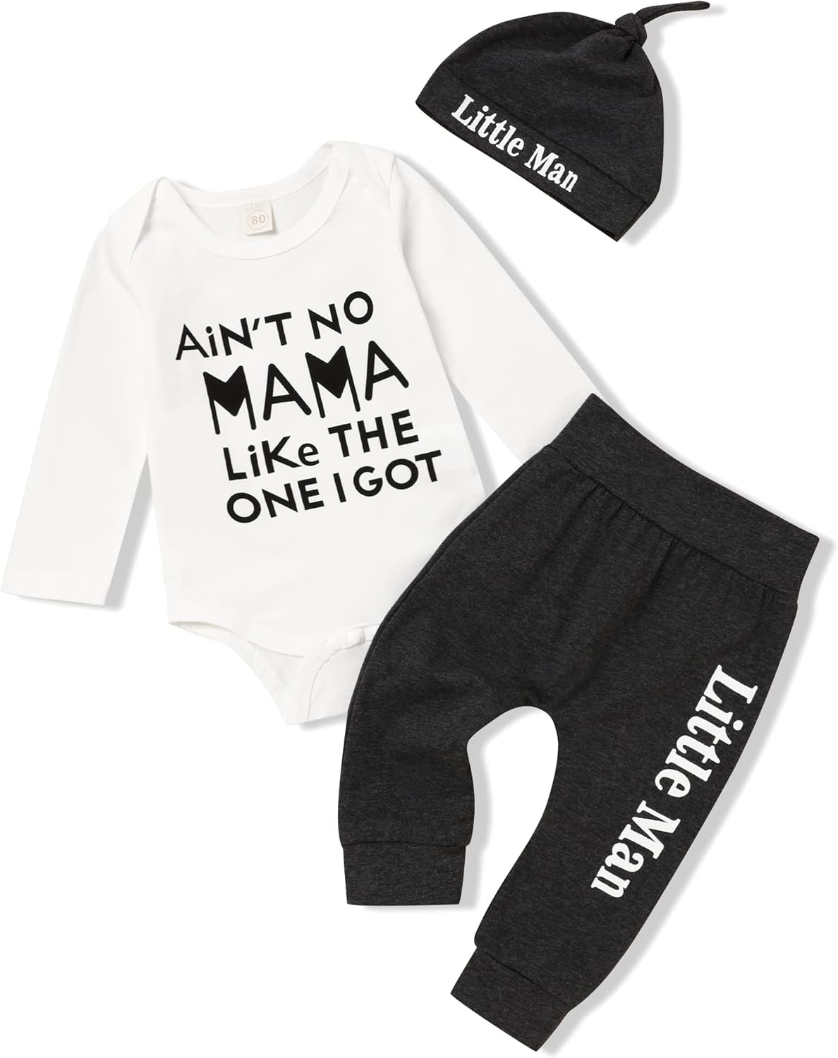 TUEMOS Newborn Infant Baby Boy Clothes Letter Print Romper Pants Set Hat 3PC Outfits Set