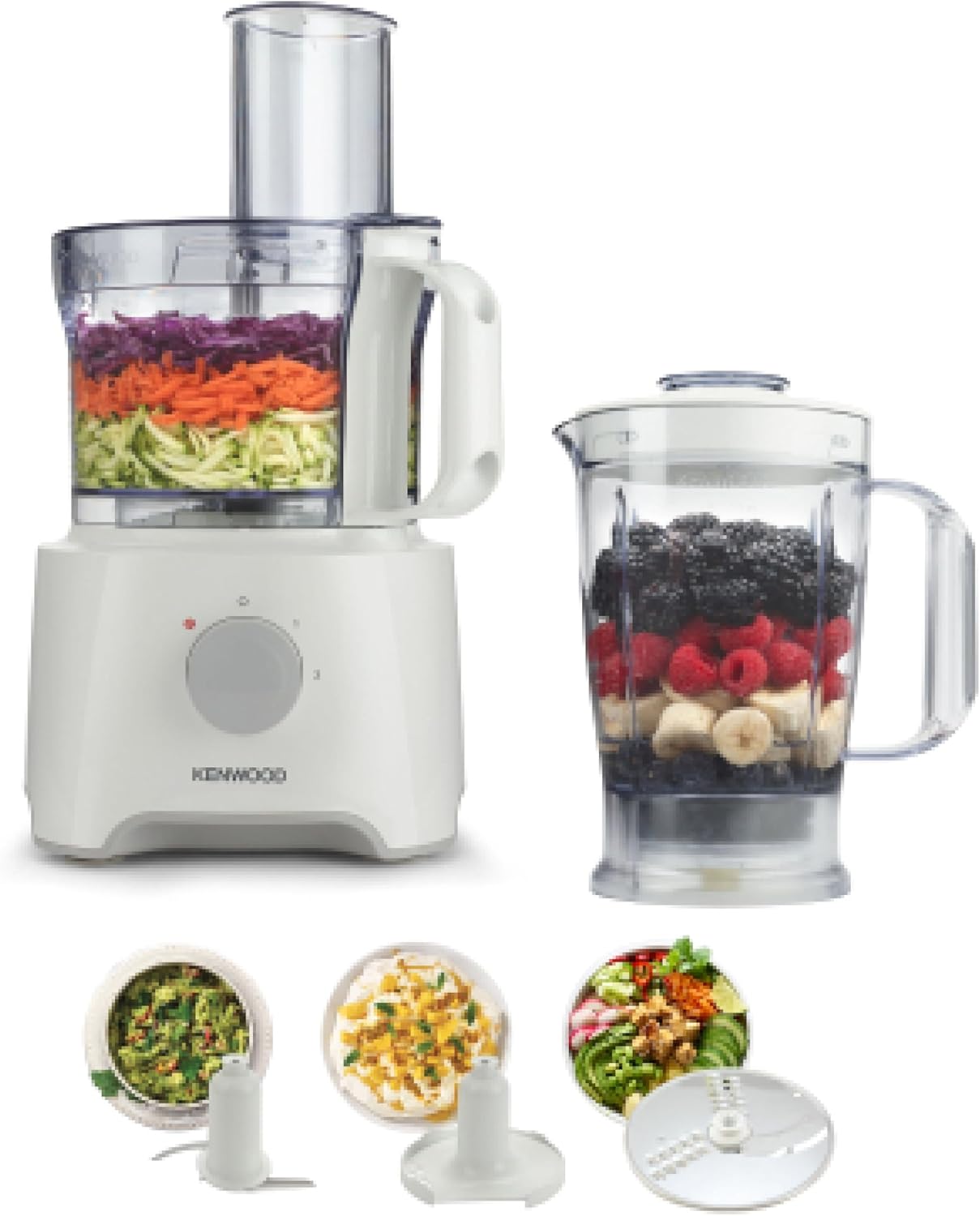 Kenwood Food Processor, 2.1L Bowl, 1.2 L Blender, Emulsifying, Knife Blade, Reversible Slicing and Grating Discs, 800 W, FDP301WH, White [Energy Class A]