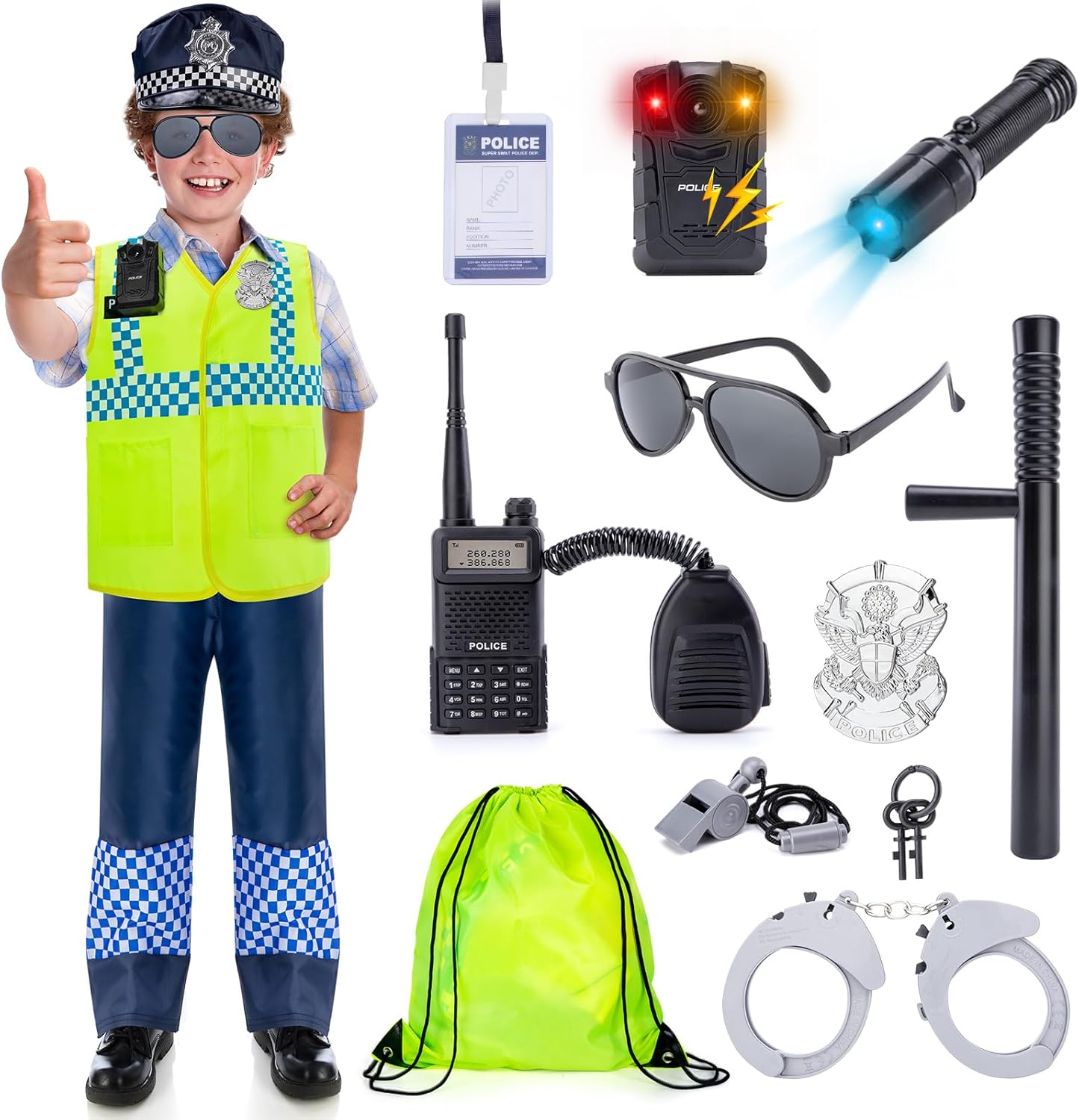 WIKITOT Police Costume Kids, Boys Girls Dress up with Walkie-talkie, Recorder for Kids Aged 3 to 7 Years Old, Fancy Role Play Toys for Toddlers Halloween Costumes