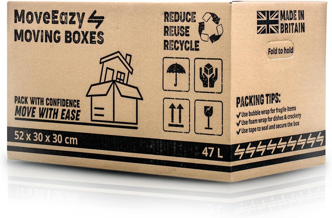 MoveEazy Cardboard Moving Boxes Pack of 5 Large Box Strong House Packing Storage Removal with Carry Handles 52cm x 30cm x 30cm (47 Litres)