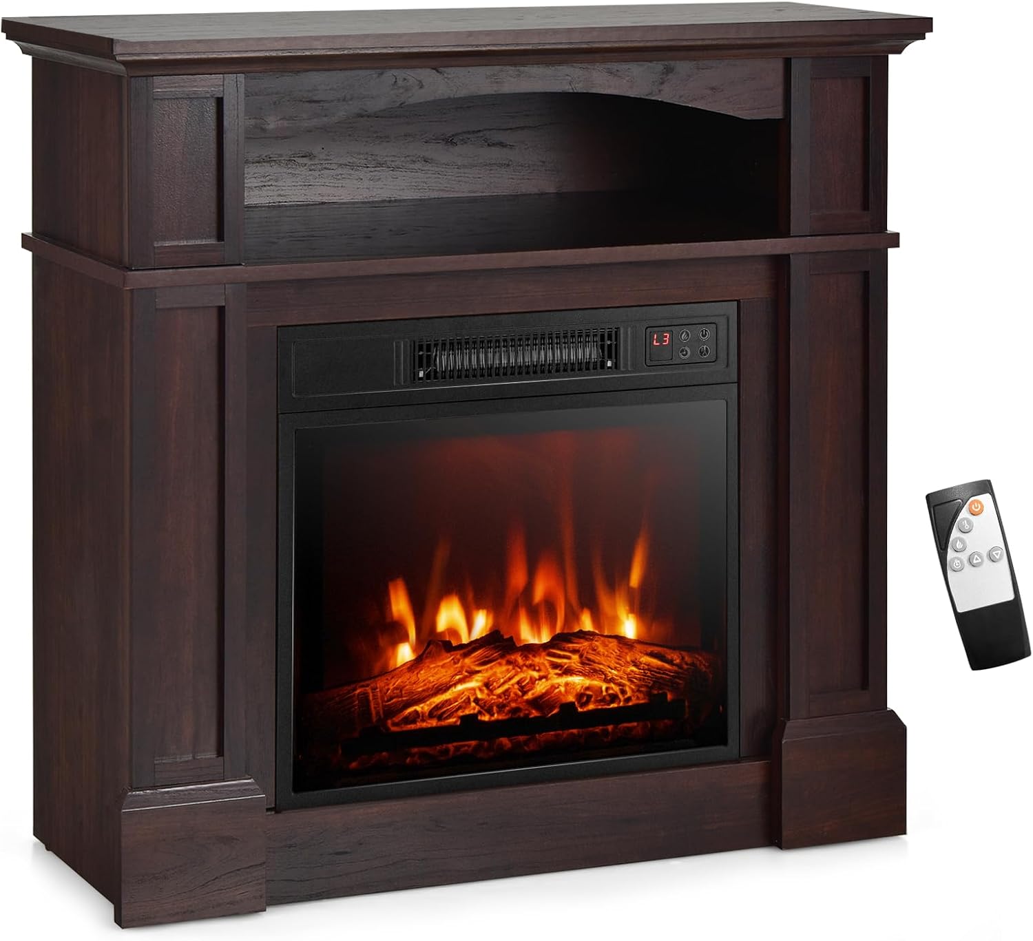 GOFLAME 32" Electric Fireplace with Mantel and Remote Control, Freestanding Mantel Fireplace Heater with 3 Flame Brightness, Thermostat, 6H Timer, Overheat Protection, CSA Certified, 1400W (Brown)