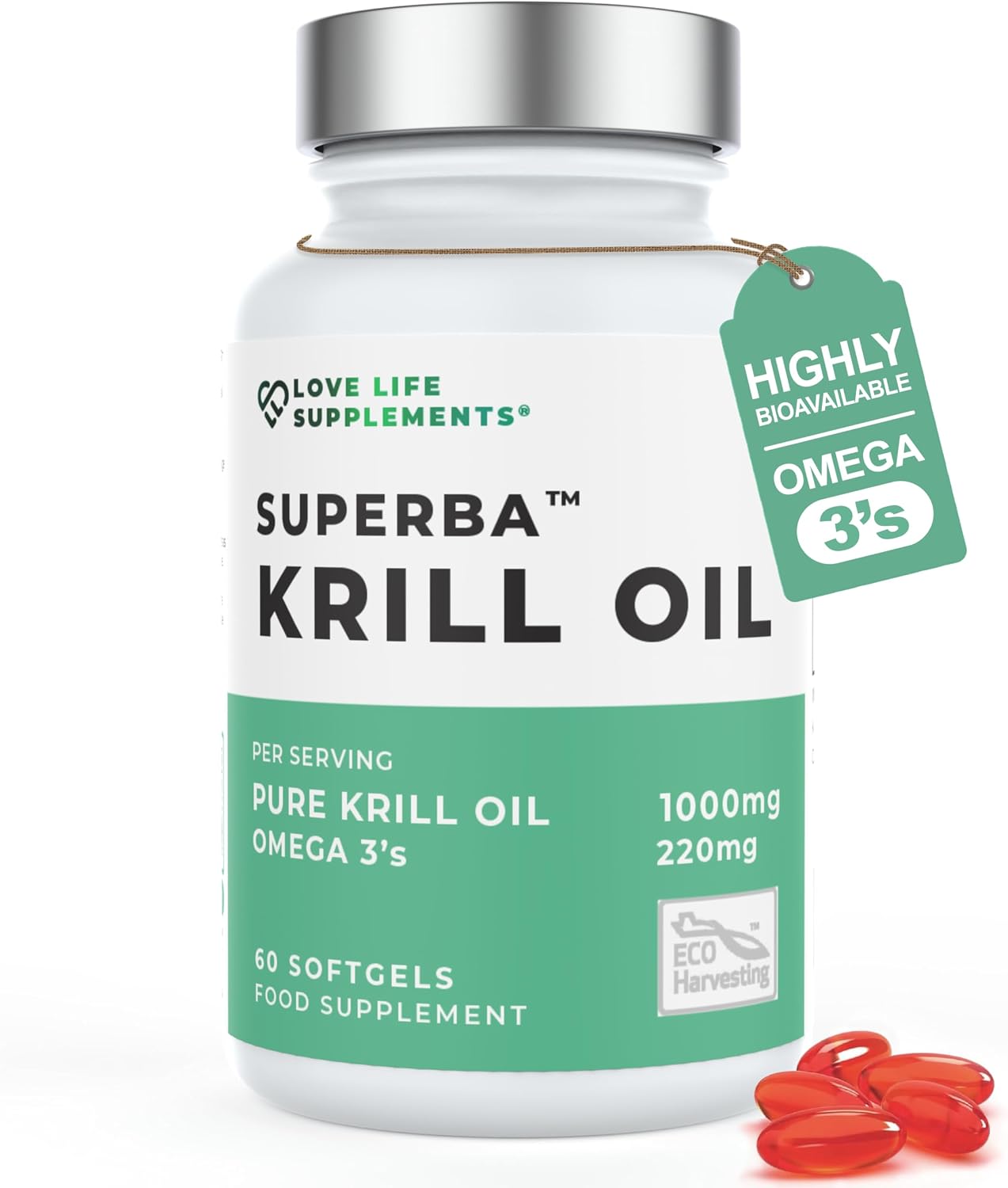 Krill Oil Omega 3 Capsules High Strength 1000mg, Astaxanthin, 60 Softgels