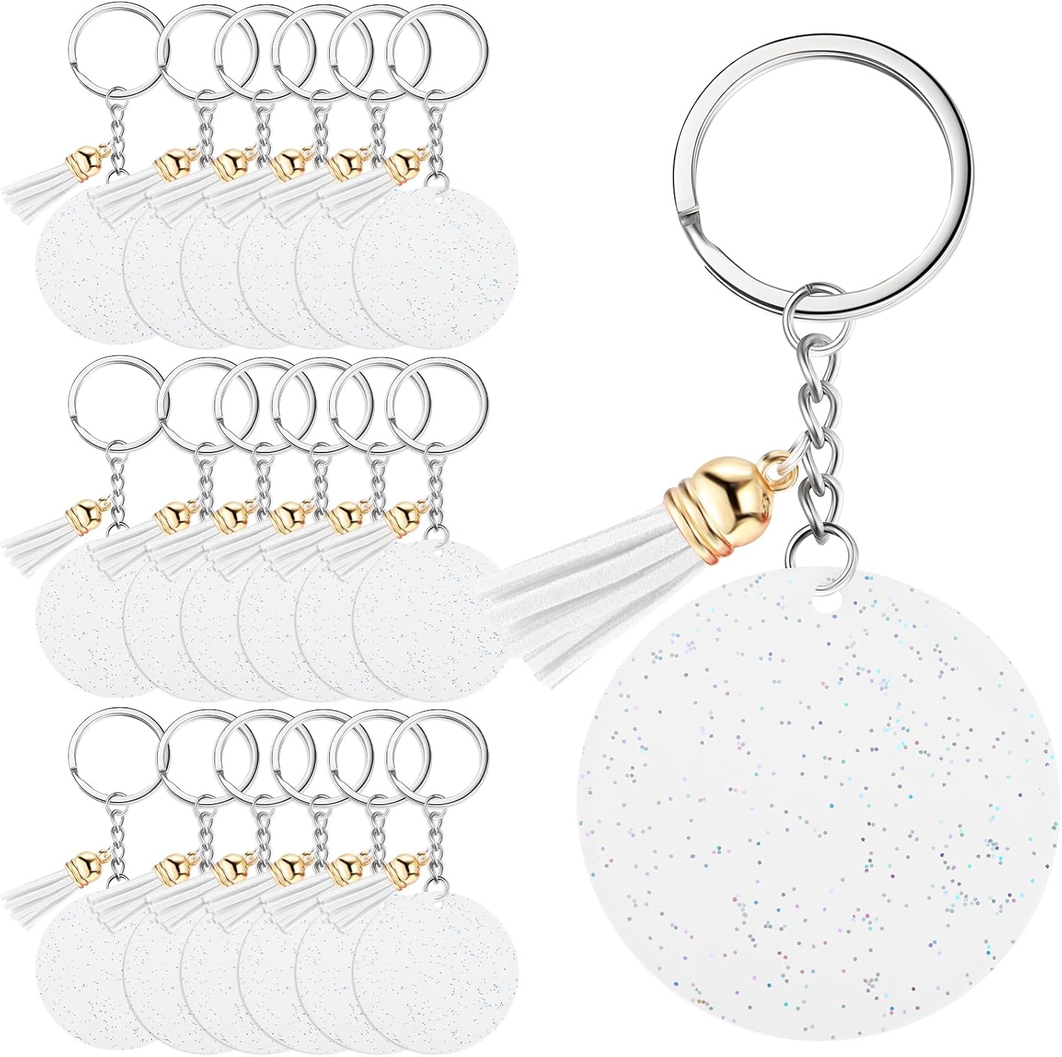 Sureio 20 Set Acrylic Keychain Blank with Key Rings 20 Pcs 1.97'' Glitter Acrylic Blanks 20 Pcs Keychain Tassels for DIY (White,Glittery)