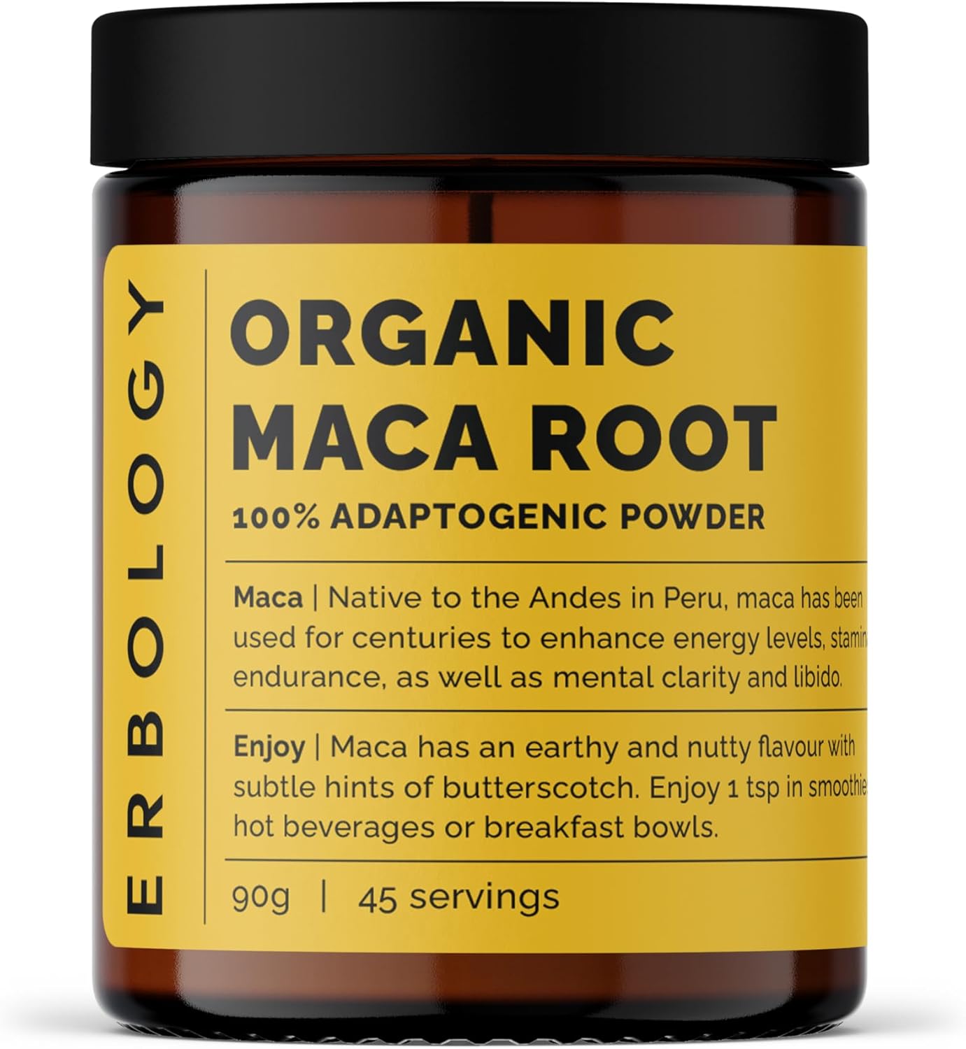 Erbology Organic Maca Root Powder 90g - 45 Servings - Gelatinised - Energy and Endurance Support - Sustainably Sourced Straight from Farm in Peru - Small Batch - Vegan - GMO-Free