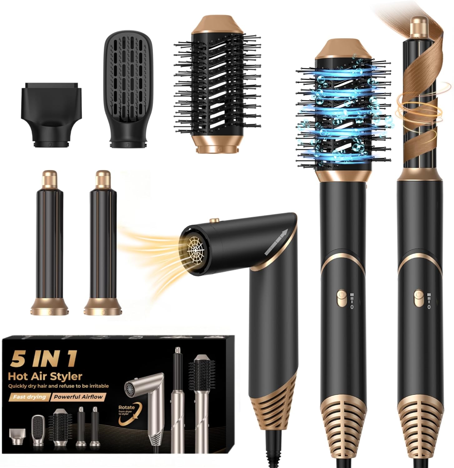 UKLISS 5 in 1 Hair Dryer Brush Air Styler with Air Curlers Auto Curling Wands Multi-use Blow Dryer 5 in 1 Airbrush Magic Styler Hair Styler Airstyler Hair Curler Straightening Brush Women Gifts, Black