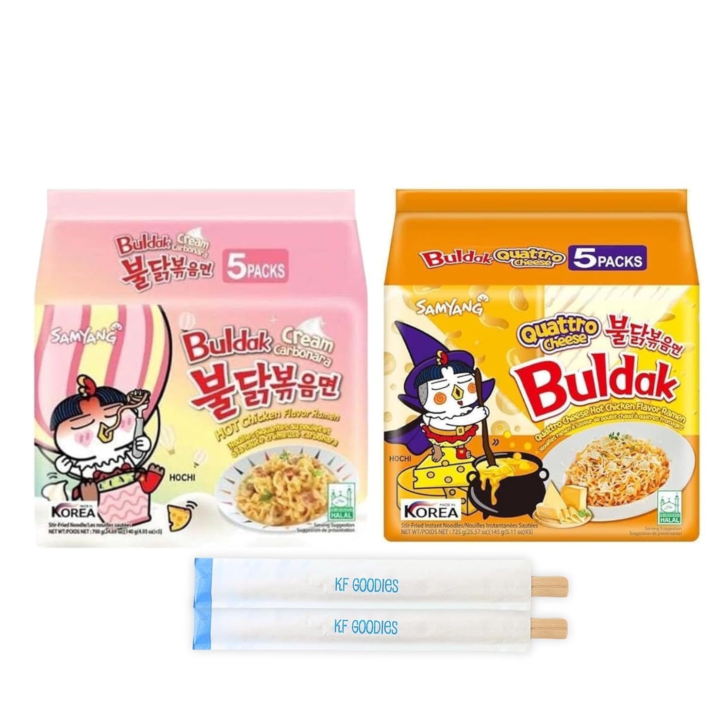 Samyang Buldak Hot Spicy Chicken Ramen Noodle Korean Stir-Fried Ramen, Cream Carbonara & Quattro Cheese Flavor (5 Pack Each)
