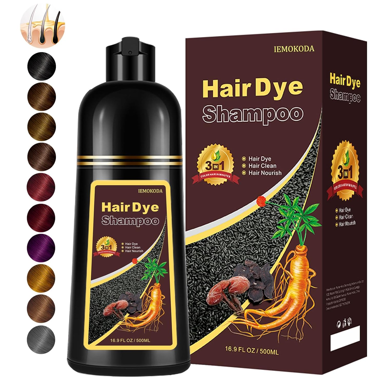 Instant Dark Brown Hair Dye Shampoo for Gray Hair 3 in 1, Natural Hair Color Shampoo for Women Men, Easy to Use, 100% Coverage Long Lasting Hair Dye 16.9 Fl Oz (Dark brown)