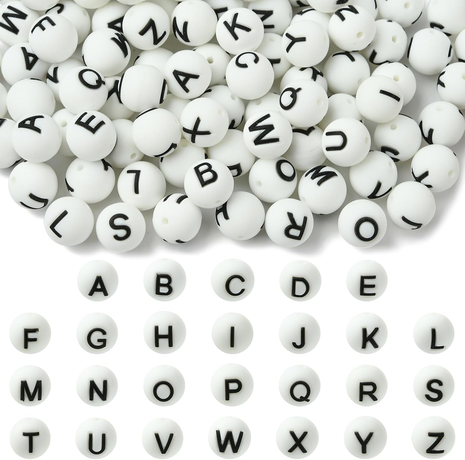 104 Pcs 15mm Silicone Letter Beads for Keychain Making Round Bulk A-Z Alphabet Silicone Beads for Pens DIY Bracelets Necklaces and Other Accessories Making（White）