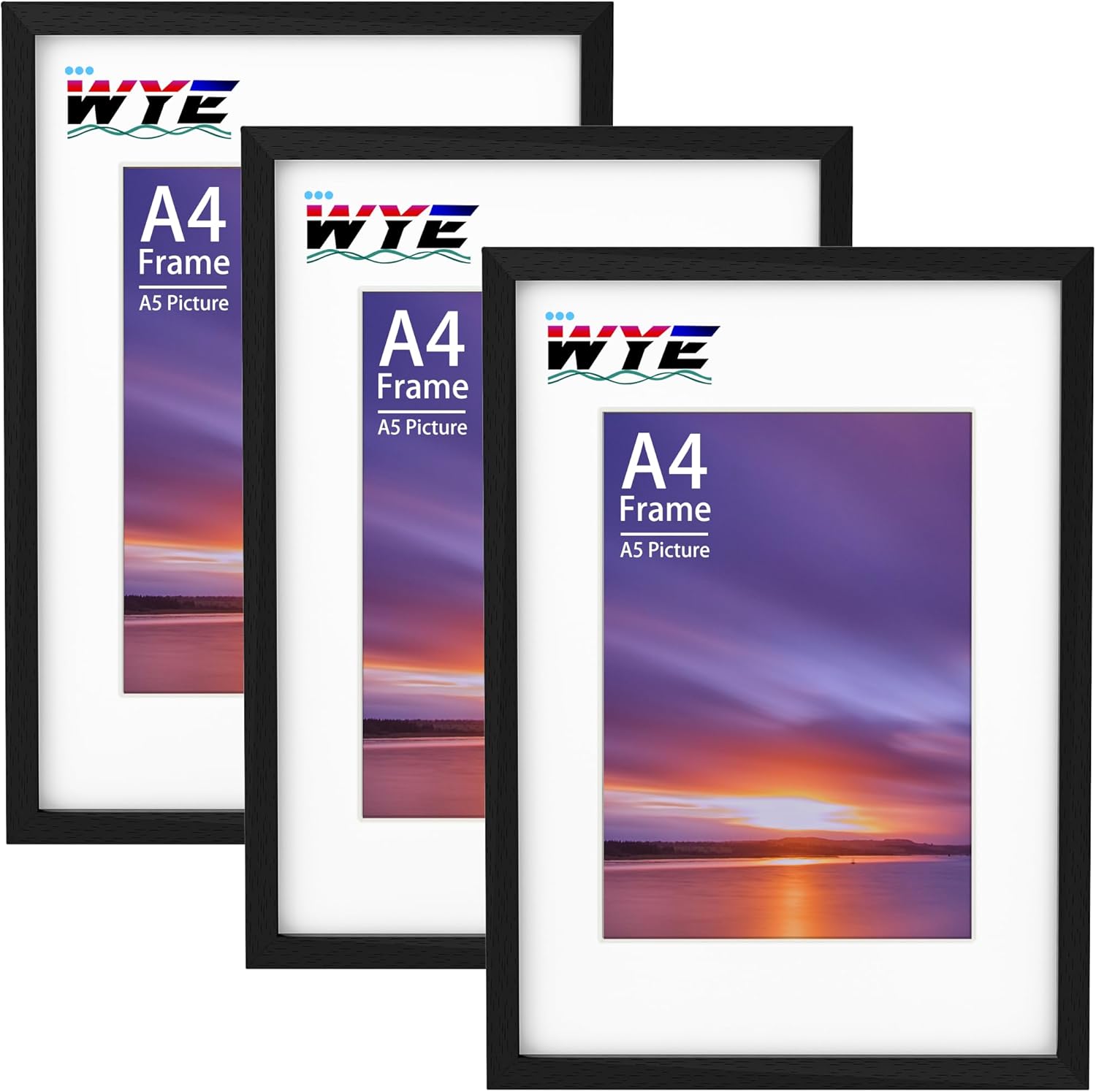 wyewye A4 Frame 3 Pack, 21x29.7 cm Wood Picture Frames with Stand, Tabletop or Wall Hanging, A4 Black Frame with A5 Mount, Document Frame with Plexiglass Window, Black