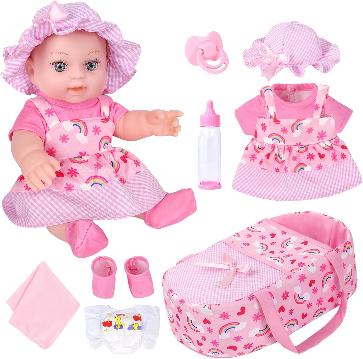 ZQDOLL 12" Baby Dolls with Bassinet Bed, Rainbow Theme Reborn Cute Baby Alive Doll Clothes and Accessories Set Include Pacifier Bottle Towel Diaper Toy Gift for Toddlers Kids 3 and Up